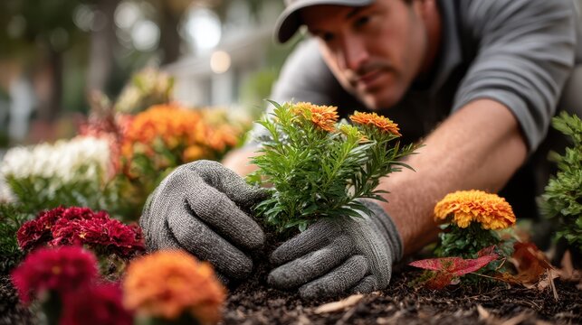 Man Planting Orange Marigolds in Garden Wearing Gardening Gloves, Close-Up of Hands and Flowers, Gardening and Landscaping Concept