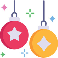 Two Festive Christmas Ornaments Red With White Star And Yellow With Diamond Shape Decorations Hanging On String With Sparkles Around In White Background