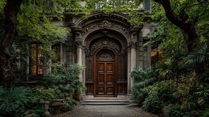 Ornate Wooden Doorway of Historic Building with Lush Greenery, Stone Path, and Architectural Details in Milan, Italy