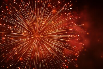 Gold thin-line firework burst on deep red background.