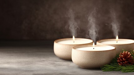 aromatic candles with vanilla and cinnamon scent, steam rising, cozy winter vibe