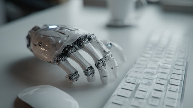 Intricate robot hand poised on desk with keyboard, mouse in the future