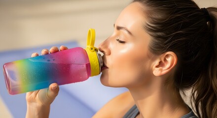 Woman drinking water from a colorful bottle, eyes closed, enjoying hydration and refreshment.