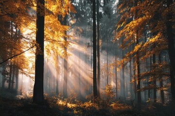 Fototapeta premium Forest of tall trees with golden leaves and dramatic sun rays.