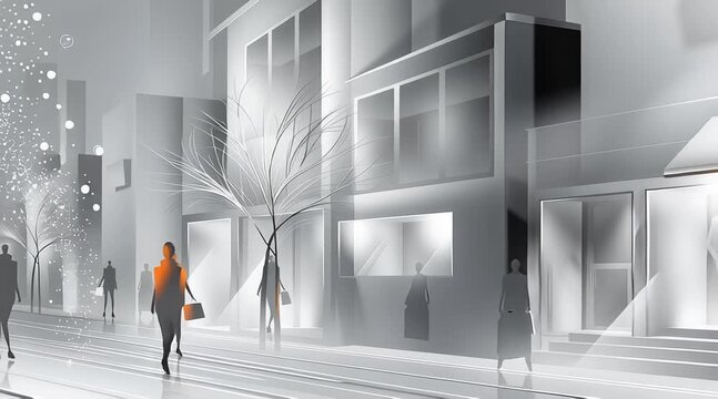 AI-generated animated illustration of a minimalist, stylized winter holiday scene in the city. In gray, white, black and a touch of color