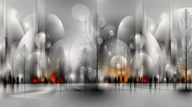 AI-generated animated illustration of a minimalist, stylized winter holiday scene in the city. In gray, white, black and a touch of color