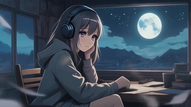 Anime girl with headphones at desk, gazing at the moonlit night outside the window.
