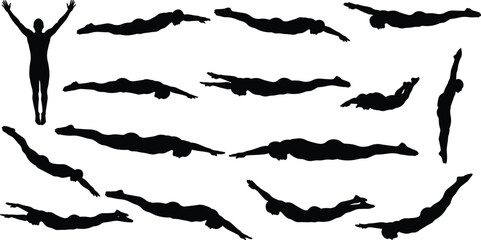 Black Silhouette of Swimmers and Divers in Various Action Poses, Athletic People Swimming Underwater and Diving, Isolated Vector Illustration Set for Sports, Water Activities, and Fitness