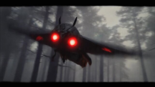 Mothman flying in a forest with glowing red eyes.