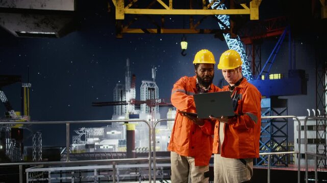 Environmental engineers on offshore platform conduct inspections, monitor oil rig petroleum extraction to ensure efficient drilling operations within the marine oil industry. Camera A.