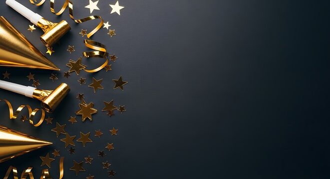 Elegant new year s eve celebration with golden party favors and confetti on dark background