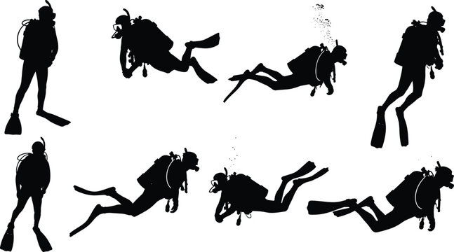 Black silhouette vector illustration set featuring various poses of scuba divers underwater, with gear, flippers, and air bubbles, symbolizing tropical summer recreation and marine exploration.