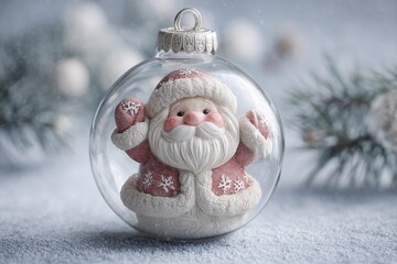 A glass ball with a Santa figurine in the snow in front of fir branches. Silver suspension, cold background, soft highlights. Winter decor for New Year and Christmas.