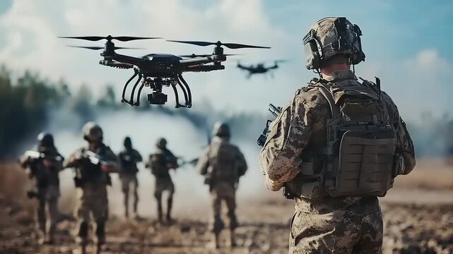Modern military operation with soldiers utilizing advanced drones for reconnaissance and tactical support in a dynamic, smoke-filled combat environment, highlighting technological warfare