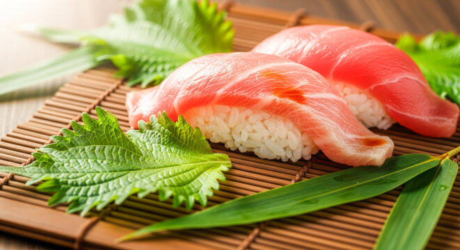 Close-up of beautifully prepared toro and tuna nigiri sushi placed on a bamboo mat, garnished with fresh shiso leaves for an elegant Japanese presentation.