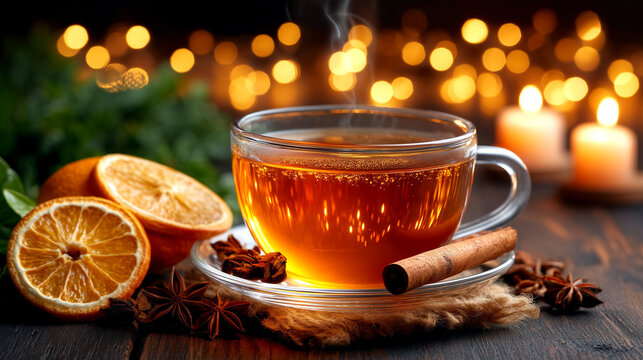 Sip comforting warmth from a steaming cup of spiced tea surrounded by festive bokeh lights and natural holiday ingredients