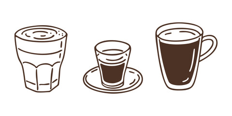 Hand drawn outline coffee drinks set with raf glass, espresso cup with saucer and americano mug. Vector doodle illustration. 