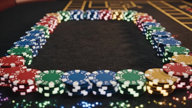 Colorful poker chip stack casino game tokens arranged in oval and rectangular shapes on black felt table with vibrant red green blue yellow chips creating exciting gambling atmosphere