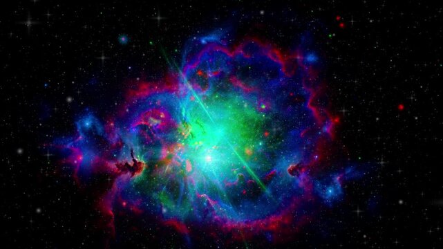 Vibrant nebula with bright green center and surrounding colorful cosmic dust and distant stars