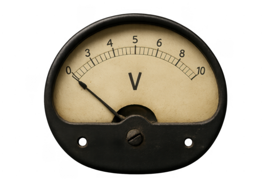 Vintage analog voltmeter dialing voltage measurement on transparent background