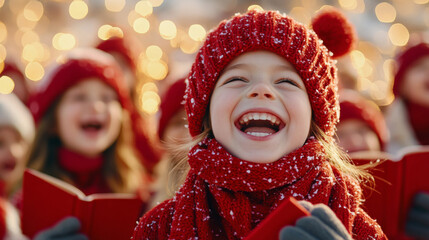 Joyful children's choir singing christmas carols at festive event