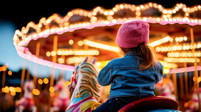 Magical evening at the fairground: child on carousel horse with motion blur and lights