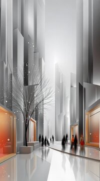 AI-generated animated illustration of a minimalist, stylized winter holiday scene in the city. In gray, white, black and a touch of color