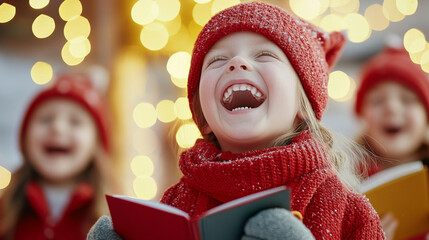 Joyful children's choir singing christmas carols in festive winter attire