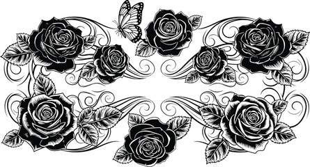 Decorative rose flower frame with butterfly and swirling ornate vines, black and white vector illustration for tattoo, wedding invitation border, or elegant ornament design element.
