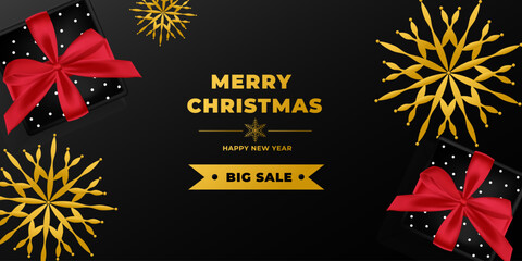 Christmas and New Year sale banner. Black Background Xmas design of present box with golden snowflakes for winter holiday offer, discount. Vector. Top view