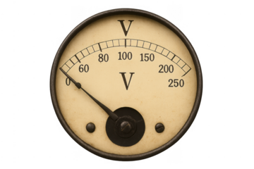 Vintage analog voltmeter measuring electricity voltage on transparent background