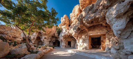 a cave entrance surrounded by rocky cliffs with a lone tree