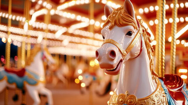 Beautiful close-up of ornate carousel horse with golden details at night - Powered by Adobe