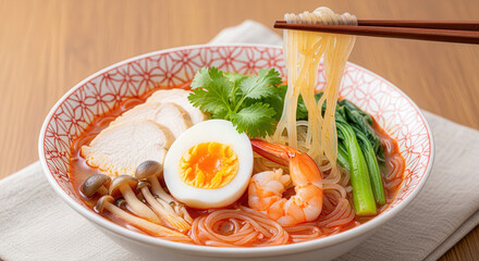 Close-up of a colorful malatang bowl featuring noodles, shrimp, mushrooms, bok choy, sliced chicken, cilantro, and a soft-boiled egg in rich broth.