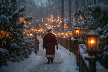 A charming scene of Santa Claus walking down a snow-covered path lined with glowing lanterns, representing the warmth of the holiday spirit and festive cheer amid winter's chill.