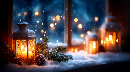 Cozy winter night scene with glowing lanterns, pine branches, and falling snow creates a warm, inviting holiday atmosphere perfect for festive promotions