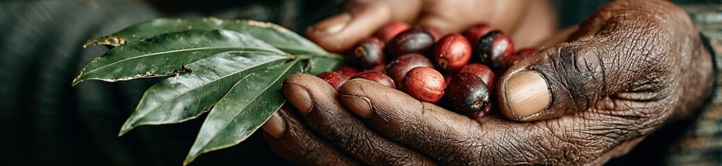 Obraz premium a close-up view of a human hand holding a handful of red berries and green leaves.