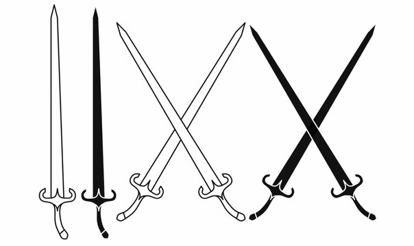Arab sword or saif sometimes called a shamshir icon set, outline and silhouette, crossed blades, logo, game,emblem, design.