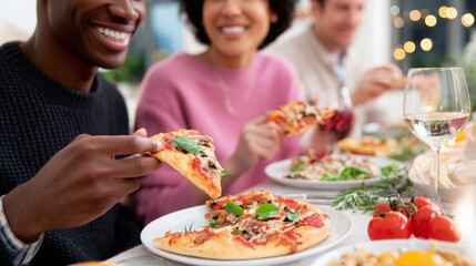 African American man and woman enjoying pizza at a festive table, surrounded by delicious food, drinks, and warm ambiance, capturing joyful moments of togetherness and celebration