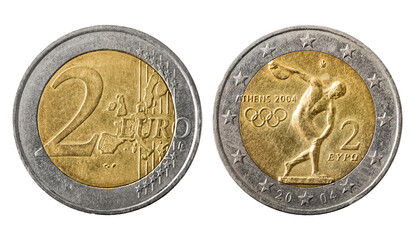 Isolated photo of 2 euro Greece 2004 coin on white background. Discus thrower Olympic games coin.