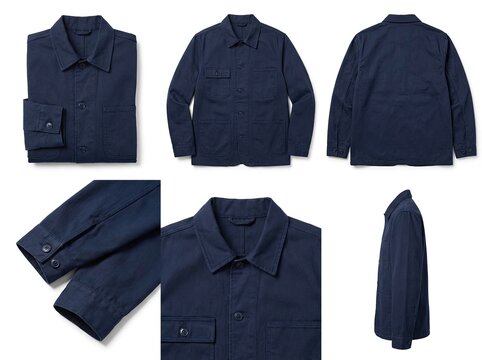 A deep navy blue men's chore jacket made from cotton, shown in various product angles
