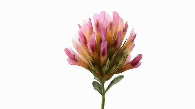 Pink clover flower with green stem and leaf isolated on white background.