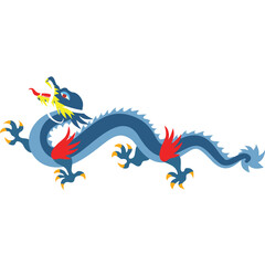 Stylized Blue Eastern Dragon With Yellow Accents And Red Fire Claws On Transparent Background Isolated Vector Illustration
