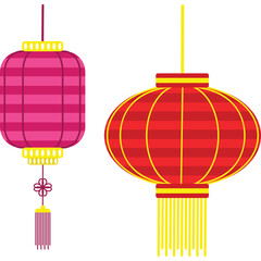 Two Vibrant Chinese Lanterns Red and Pink with Yellow Accents Isolated on White Background Traditional Festive Decorations