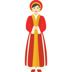 Woman In Traditional Red And Gold Long Robe And Hat With White Cuffs And Trim Standing Isolated On Transparent Background Portrait