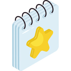 Stylized Illustration of a Spiral Bound Calendar Page Featuring a Prominent Yellow Star Emblem Against a Clean Transparent Background with Subtle Shading Highlighting Depth and a Modern Graphic