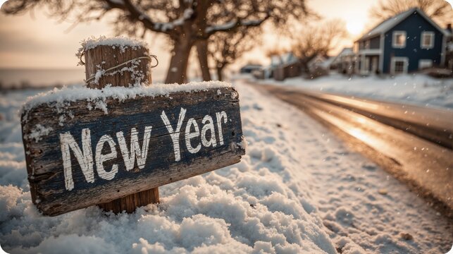 Snowy village road at sunset with new year wooden sign in winter wonderland