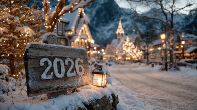 Festive winter village scene with snow, christmas lights, and wooden sign reading 2026 during twilight in mountainous landscape - Powered by Adobe