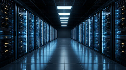 Interior of modern futuristic server room with blue data center lights