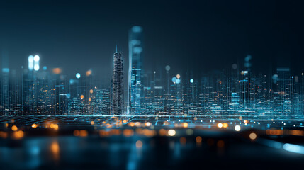 Blurred smart city interface overlay on urban night skyline background